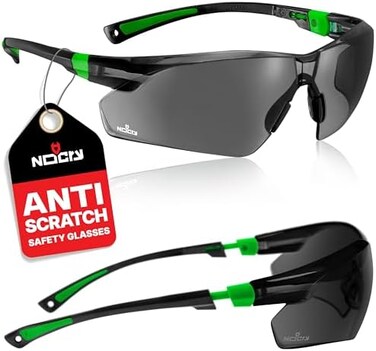 NoCry Work and Sports Safety Sunglasses with Green Tinted Scratch Resistant Wrap-Around Lenses and No-Slip Grips, UV 400 Protection. Adjustable, Black &amp; Green Frames