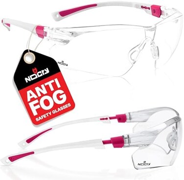 NoCry Safety Glasses with Clear Anti Fog Scratch Resistant Wrap-Around Lenses and No-Slip Grips, UV Protection. Adjustable, White &amp; Pink Frames
