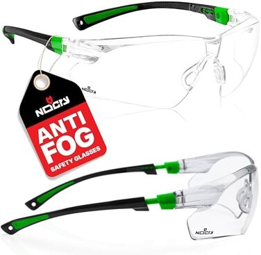NoCry Safety Glasses with Clear Anti Fog Scratch Resistant Wrap-Around Lenses and No-Slip Grips, UV Protection. Adjustable, Black &amp; Green Frames