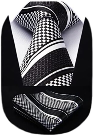 HISDERN SetSense Men's Stripe Jacquard Woven Tie Necktie Set 8.5 cm / 3.4 inches in Width Black/White