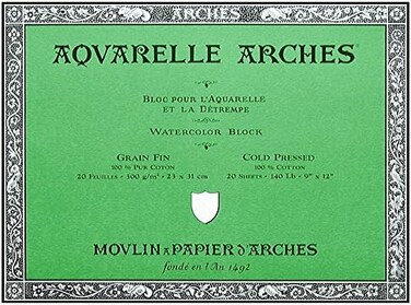 ARCHES 23 x 31 cm 300 gsm Cold Pressed Glued on 4 Sides Block Watercolour Paper - Natural White (Pack of 20 Sheets)
