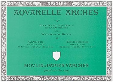 ARCHES 26 x 36 cm 300 gsm Cold Pressed Glued on 4 Sides Block Watercolour Paper - Natural White (Pack of 20 Sheets)