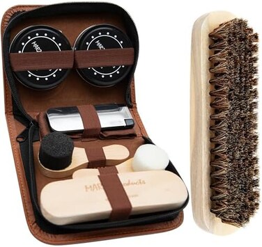 MARZ Luxury Shoe Care Kit - 100% Genuine Horsehair Brush, 2 Durable Spreading Sponges, 2 Full Size Black And Neutral Shoe Polishes (45G), Shoe/Suit Brush, Polishing/Shining Cloth,