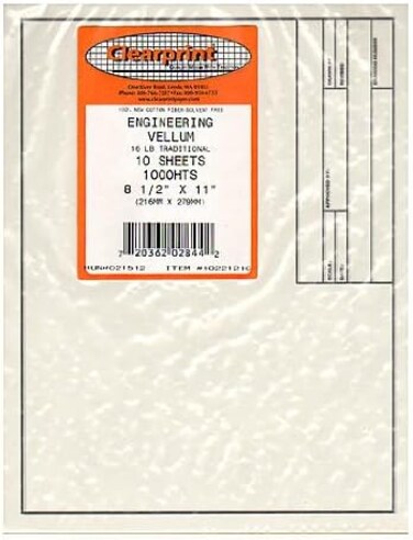 Clearprint Vellum Sheets with Engineer Title Block, 8.5x11 Inches, 16 lb., 60 GSM, 1000H 100% Cotton, 10 Sheets/Pack, Translucent White (10221210)