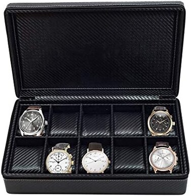TimelyBuys 10 Watch Briefcase Black Carbon Fiber Zippered Travel Storage Case 50MM Father's Day