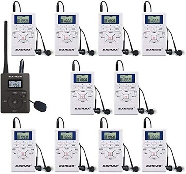 EXMAX E108 DSP Stereo Wireless Headsets FM Radio Broadcast System for Tour Guide Teaching Meeting Training Travel Field Interpretation 1 Transmitter &amp; 10 Receivers (White)