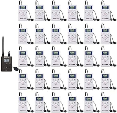 EXMAX E108 DSP Stereo Wireless Headsets FM Radio Broadcast System for Tour Guide Teaching Meeting Training Travel Field Interpretation 1 Transmitter &amp; 30 Receivers (White)
