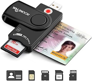 Rocketek 32/64bit XP/Vista/7/8/10 Mac OS X Electronic ID and Memory Card Reader