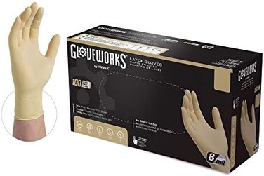GLOVEWORKS AMMEX Heavy Duty Industrial Latex 8 mil Disposable Gloves - Textured, Powder Free, Ambidextrous, Large, Box of 100