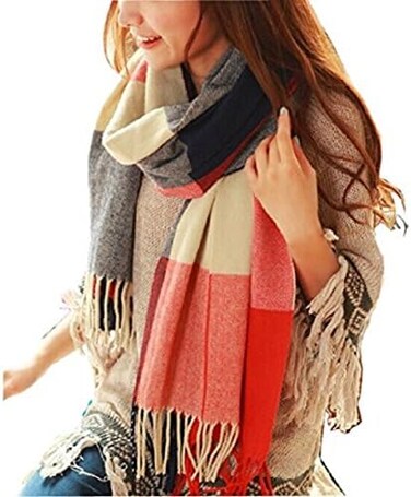 Wander Agio Women's Fashion Long Shawl Big Grid Winter Warm Lattice Large Scarf Orange Red Winter