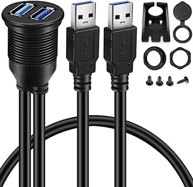 BATIGE 2 Ports Dual USB 3.0 Male to USB 3.0 Female AUX Flush Mount Car Mount Extension Cable for Car Truck Boat Motorcycle Dashboard Panel - 3ft