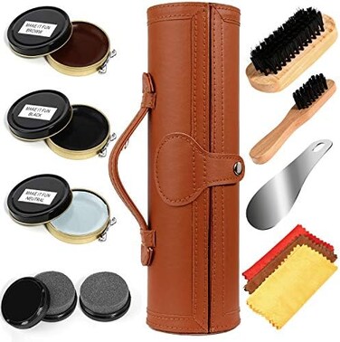 make it funwan Shoe Shine Kit with PU Leather Sleek Elegant Case, 12-Piece Travel Shoe Shine Brush kit