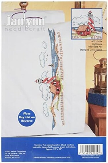 Janlynn Stamped Cross Stitch Kit, Lighthouses Pillowcase Pair