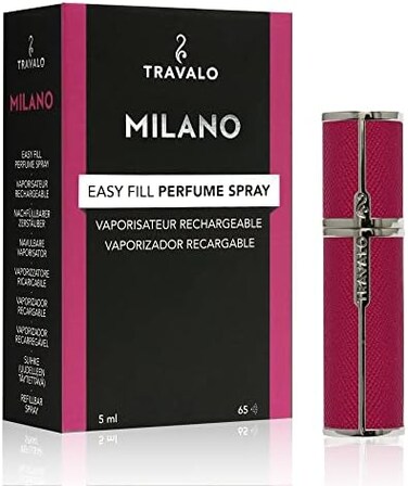 Travalo Milano Perfume Atomizer Travel Refill U-Change System TSA Approved Reusable Airtight Easy Fill Mini Pump Sprayer Lightweight Portable Vegan Leather w/Polished Metal Outer Shell Hot Pink 0.17oz