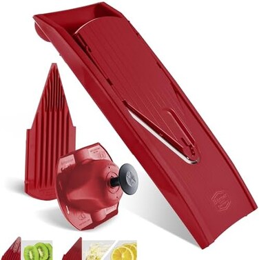 B&ouml;rner Vegetable Slicer V1 (Basic Set), V-Slicer with 2 Inserts and Fruit Holder, Adjustable Kitchen Slicer for Vegetables and Fruit, Vegetable Cutter for Slices in 3 Thicknesses, Colour: Red