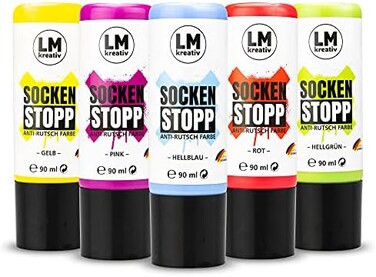 LM-Kreativ Sock Stop 5 x 2.77 fl oz - Assorted Colors 5 pcs - Non-Slip Fabric Paint for Socks, Rugs, and Bath Mats   Washable Up to 86&deg;F   Odor-Neutral and Silicone-Free   for Light/Dark Materials