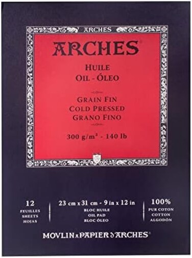 Arches Oil Paper Pad 9x12-inch White 100% Cotton Oil Painting Paper - 12 Sheets of Arches 140lb Cold Pressed Oil Paint Paper - Painting Pad for Oil Painting and Oil Pastel Techniques