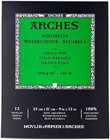 Arches Watercolor Pad 9x12-inch Natural White 100% Cotton Paper - 12 Sheet Arches Watercolor Paper 140 lb Cold Press Pad - Arches Art Paper for Watercolor Gouache Ink Acrylic and More