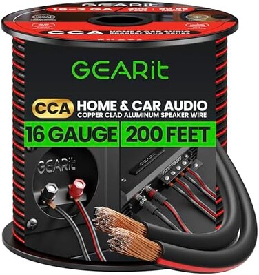 GearIT Speaker Wire Audio Cable CCA 2x1.5mm&le; (60.96 Meters - Black) Copper Clad Aluminum - Great for Hi-Fi Home Theater and Car Speakers - 16 Gauge AWG, 200 Feet
