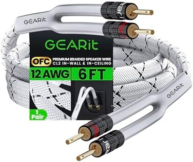 GearIT 12AWG Gauge (2 x 4mm&sup2;) Premium Heavy Duty Braided Speaker Wire (1.8 Meters / 6 Feet/White) with Dual Gold Plated Banana Plug Tips - Oxygen-free Copper (OFC) Construction
