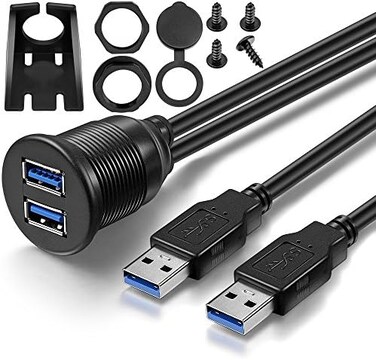 2 منفذ USB 3.0 ذكر الى USB 3.0 انثى ايه يو اكس فلوش ماونت كابل تمديد للسيارة والشاحنة والقارب والدراجة النارية لوحة العدادات - (3 اقدام)