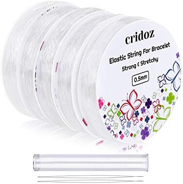 Cridoz Stretchy String for Bracelets and Jewelry Making, 5 Rolls Clear Elastic String Stretch Cord Bead Bracelet String with 2 Pcs Beading Needles for Seed Beads, Pony Beads