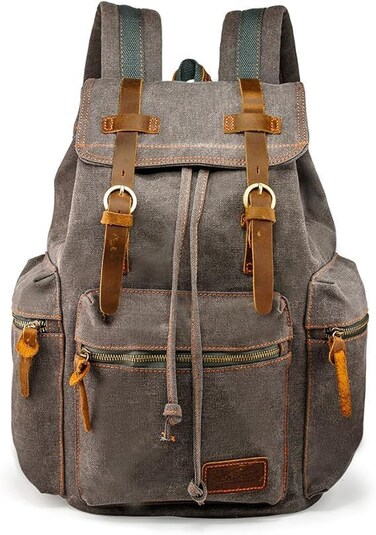 GEARONIC 21L Vintage Canvas Backpack Leather Rucksack Knapsack 15inch Laptop Tote Satchel College Shoulder Hiking Bag