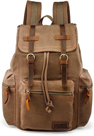 GEARONIC 21L Vintage Canvas Backpack Leather Rucksack Knapsack 15inch Laptop Tote Satchel College Shoulder Hiking Bag