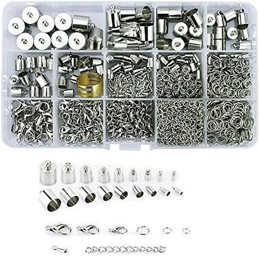 Lollibeads (1000 Pcs) Silver Plated Barrel Leather Cord Ends Cord End Cap 3mm-12mm, Lobster Clasp 10mm 12mm 14mm,jump ring 5mm-8mm, jump ring open tool and Extension Chains Kits Assorted Pack