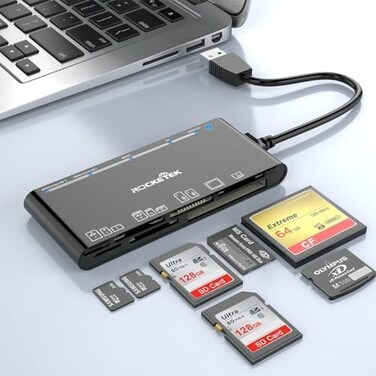 Rocketek USB 3.0 Memory Card Reader/Writer for CF Card, xD Card, SD Card, Micro SD Card, MS Card, with a 13cm USB Cable design - 5 cards read simultaneously
