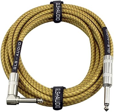 GLS Audio 6.1m Guitar Instrument Cable - Right Angle 1/4 Inch TS to Straight 1/4 Inch TS Brown Yellow Tweed Cloth Jacket - Pro Cord Phono 6.3mm - SINGLE