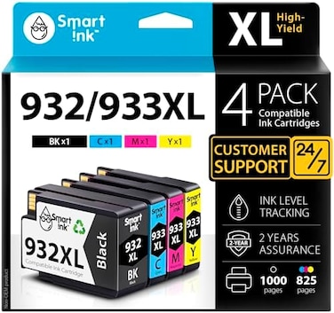 Smart Ink Compatible Ink Cartridge Replacement for HP 932XL 933XL 932 XL 933 XL 4 Combo Pack (XL Black, Cyan, Magenta Yellow) to use with HP Officejet 6100 6600 6700 7110 7510 7610 7612 7620 Printers