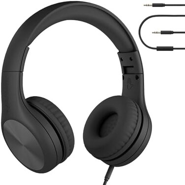 LilGadgets Connect+ Pro Wired Kids Headphones for School with Microphone, Volume Limiting &amp; Noise Cancelling Over-Ear Headset with Cord, SharePort Technology &amp; SoftTouch Padding, Black