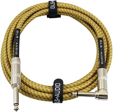 GLS Audio Instrument Cable - Amp Cord for Bass &amp; Electric Guitar - Straight to Right Angle 1/4 Inch Instrument Cable - Brown/Yellow Braided Tweed, 10ft