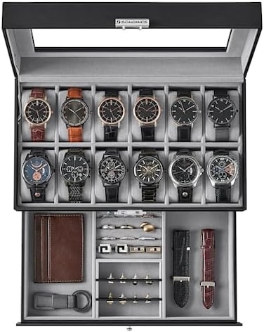 SONGMICS 12 Slots Watch Box Mens Watch Organizer Lockable Jewelry Display Case with Real Glass Top Black Faux Leather UJWB012