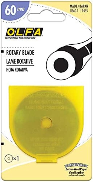 OLFA 60mm Rotary Cutter Replacement Blade, 1 Blade (RB60-1) - Tungsten Steel Circular Rotary Fabric Cutter Blade for Crafts, Sewing, Quilting, Fits Most 60mm Rotary Cutters