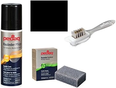 pedag Suede Cleaner and Textile Color Restorer, 3 pc Cleaning and Care Kit for Shoes and Boots, Made in Germany, Black
