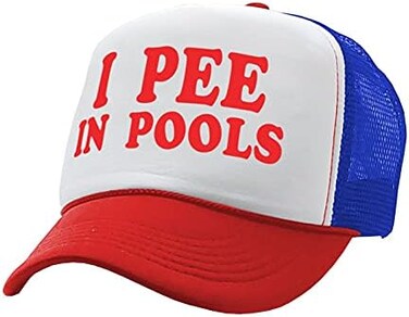 The Goozler I Pee in Pools - Funny Dare Gag Gift Joke - Vintage Retro Style Trucker Cap Hat, Rwb, One size