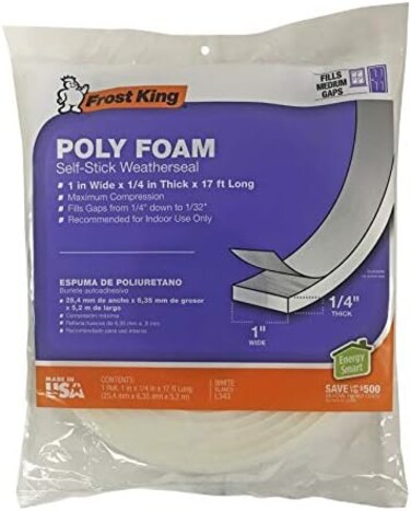 Frost King L343 Poly Foam Tape-Open Cell-Maximum Compression, L343-1, 17ft L, White-1/4 Thick, 1" W, 1/4" T, White