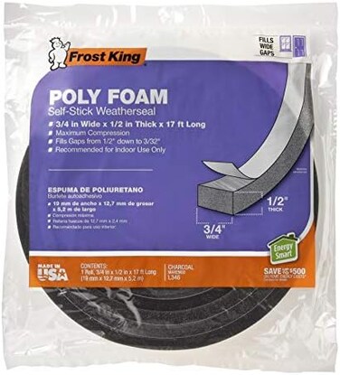 Frost King L346 Self-Adhesive Open Cell Tape, 17 Ft L X 3/4 in W 1/2 in T, Polyfoam, Charcoal