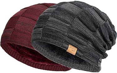 Vgogfly 2 Packs Slouchy Beanie for Men Winter Hats for Guys Cool Beanies Mens Lined Knit Warm Thick Skully Stocking Binie Hat&hellip;, Black / Wine Red, One size