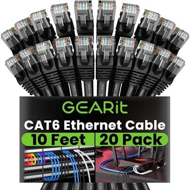 GearIT Cat 6 Ethernet Cable (20-Pack 10 Feet) Cat6 Network Patch, 10Gbps, RJ45, Snagless Cord, Gold-Plated Connectors, Internet for PC, TV, Tablet, Router, Printer, Servers, IT Data Center - Black