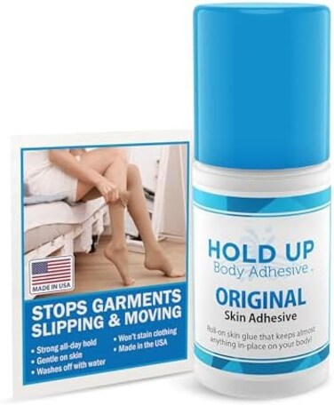Hold Up Body Adhesive Roll-On Applicator Glue for Compression Socks,Stockings,Costumes,Clothing, Mask Glue - 2 oz. Bottle - Safe,Hypo-Allergenic