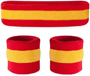 Suddora Striped Sweatband Set - (1 Headband and 2 Wristbands) Cotton for Sports &amp; More. red