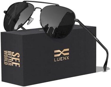 LUENX Aviator Sunglasses for Men Square Polarized Polygon Lens - UV 400 Protection with Accessories