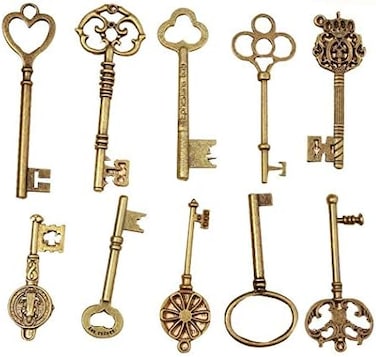 K JINGKELAI JKLcom Mixed 10 Skeleton Keys Antique Bronze Finish Skeleton Keys Extra Large Vintage Skeleton Keys for Birthday Party Wedding Decoration DIY Crafts Favors Charms Pendant,10 Styles