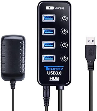 تينداك موزع USB 3.0 - موزع USB 4 منافذ مع 4 منافذ بيانات USB 3.0 + 1 منفذ شحن ذكي USB ومحول طاقة، مفاتيح تشغيل/ايقاف فردية لاجهزة ماك واللابتوب والقرص الصلب وبلاي ستيشن 4 واكس بوكس ون