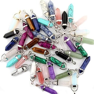 Cmidy Mutilcolor 50pcs Gemstone Bullet Meditation Healing Pointed Chakra Crystal Stone Random Color Pendants for Necklace Jewelry Making, 11mmX38mm, Crystal