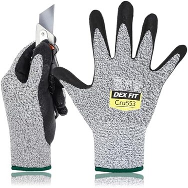 DEX FIT Cru553 Level 5 Cut Protection Gloves; 3D Comfort, Firm Grip, Slim and Lightweight, Touch Screen Compatible, Durable, Breathable, Washable; Grey 8(M) 1 Pair
