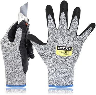 DEX FIT Level 5 Cut Resistant Gloves Cru553, 3D-Comfort Fit, Firm Grip, Thin &amp; Lightweight, Touch-Screen Compatible, Durable, Breathable &amp; Cool, Machine Washable; Grey L (9) 1 Pair